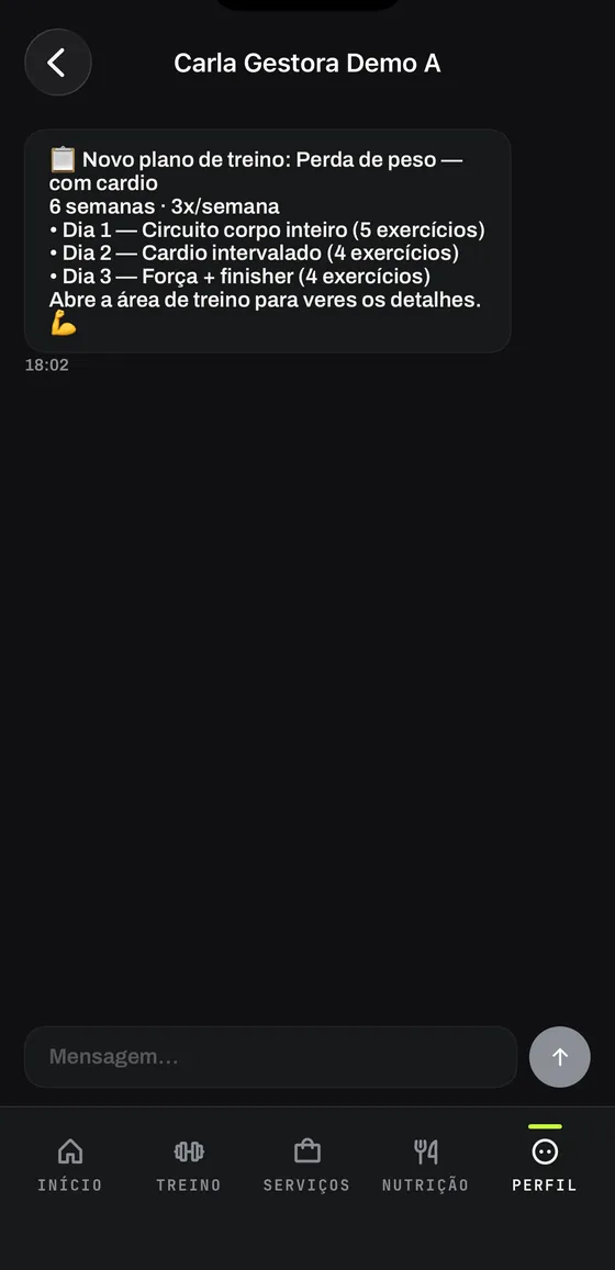 Conversa direta com o treinador, com plano de treino enviado