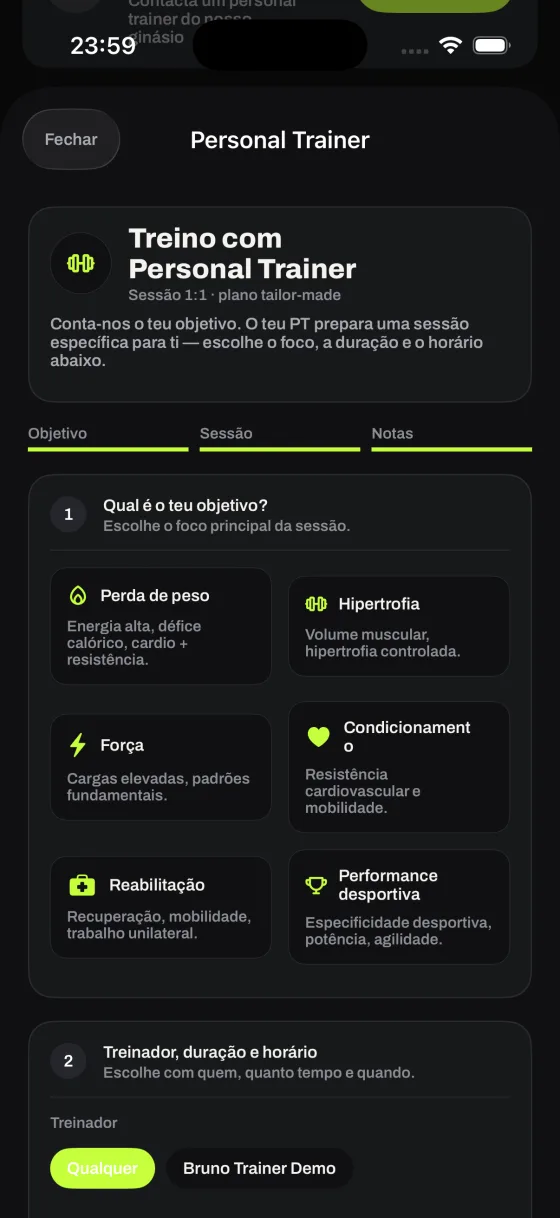 Pedido de sessão 1:1 com objetivo, treinador e horário