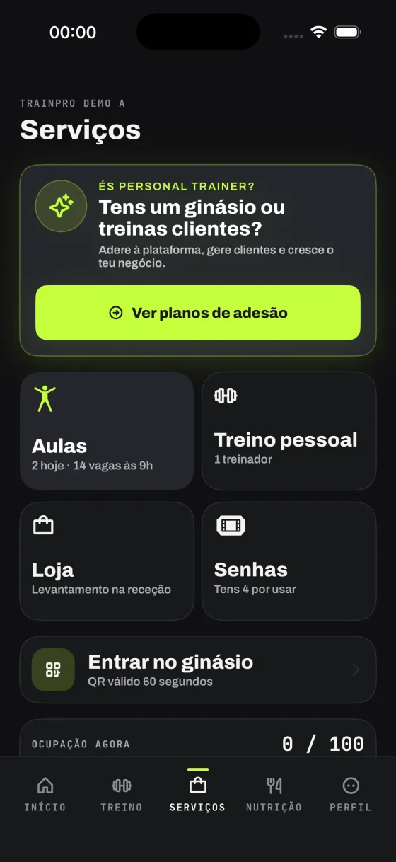 Serviços do sócio: aulas, treino pessoal, loja e senhas
